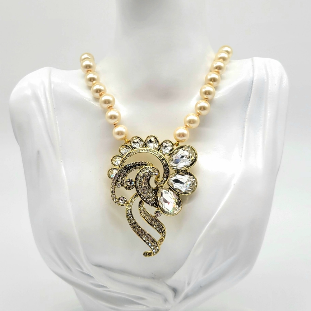 Heidi Daus Clear Diamond Swarovski Crystal Swirl Necklace with Ivory Pearls